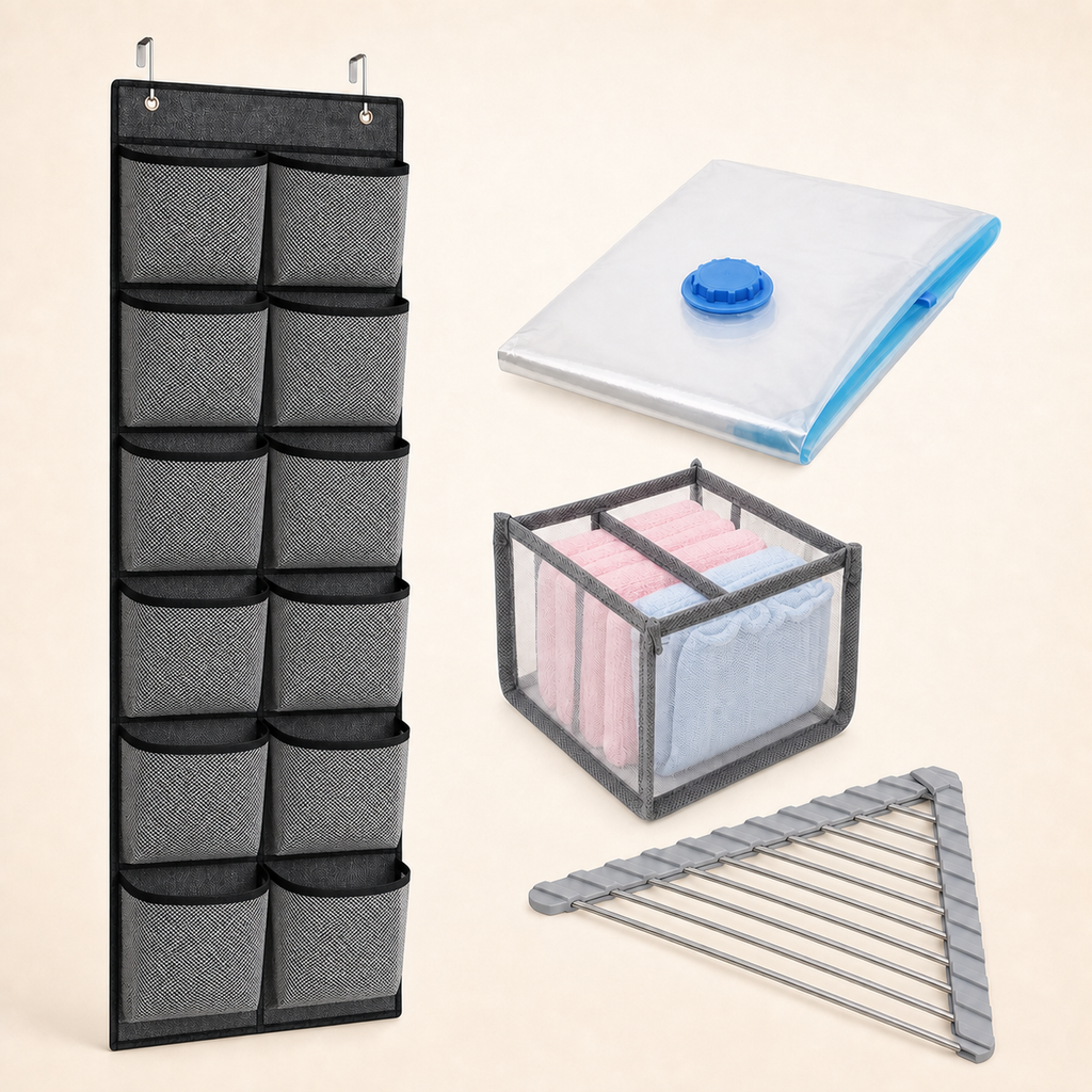 Budget Home Reset Bundle with black 12-pocket over-door organizer, one small vacuum bag, gray 3-compartment clothing organizer, and triangular corner sink rack