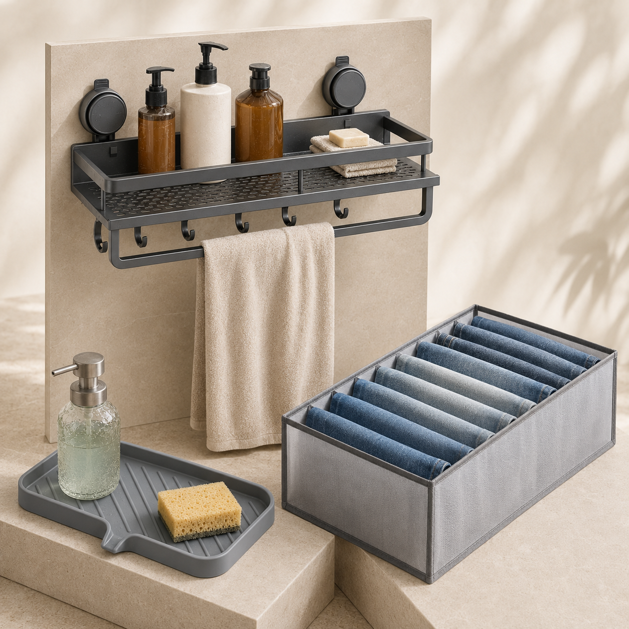 Bathroom Reset Bundle with two-cup suction shelf, connected towel bar, supported draining tray, and one seven-compartment clothing organizer