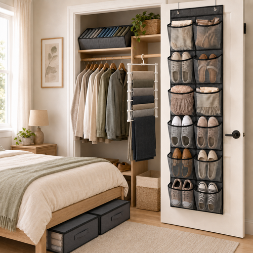 Earned Space Bedroom Space-Saver Bundle with under-bed storage, over-door organizer, pants hanger, and bonus organizer