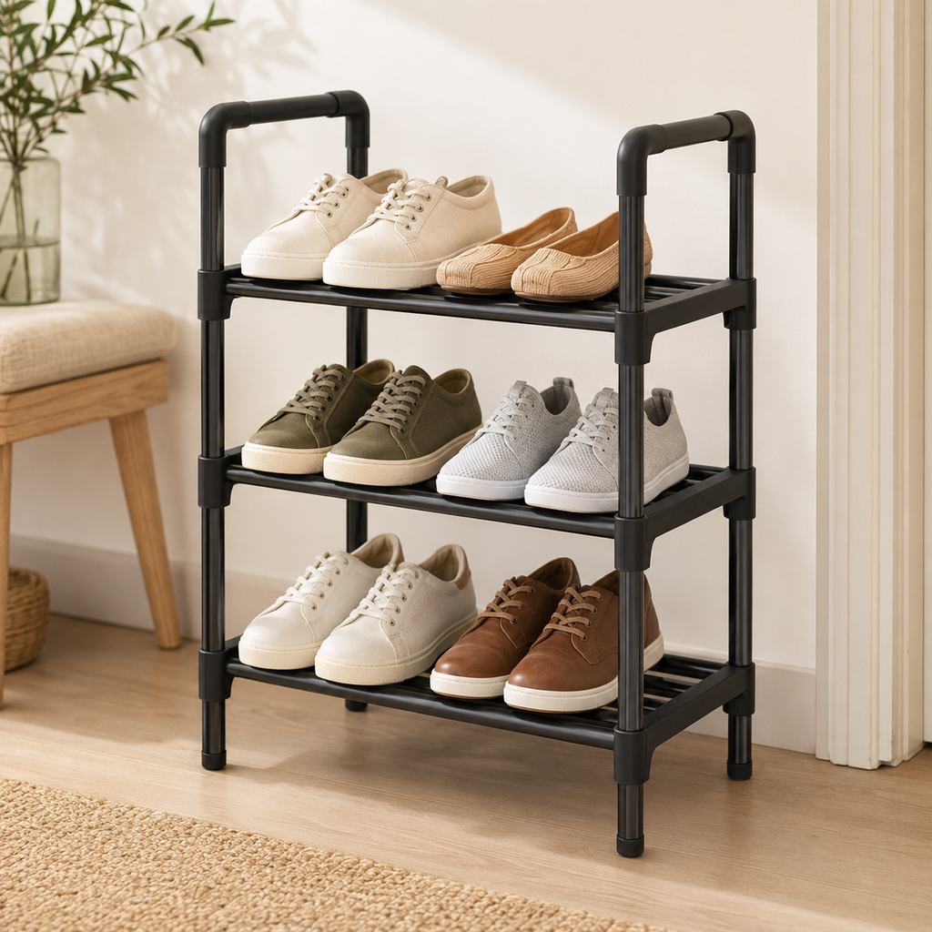 Compact three-tier shoe rack included in the Entryway and Closet Reset Bundle