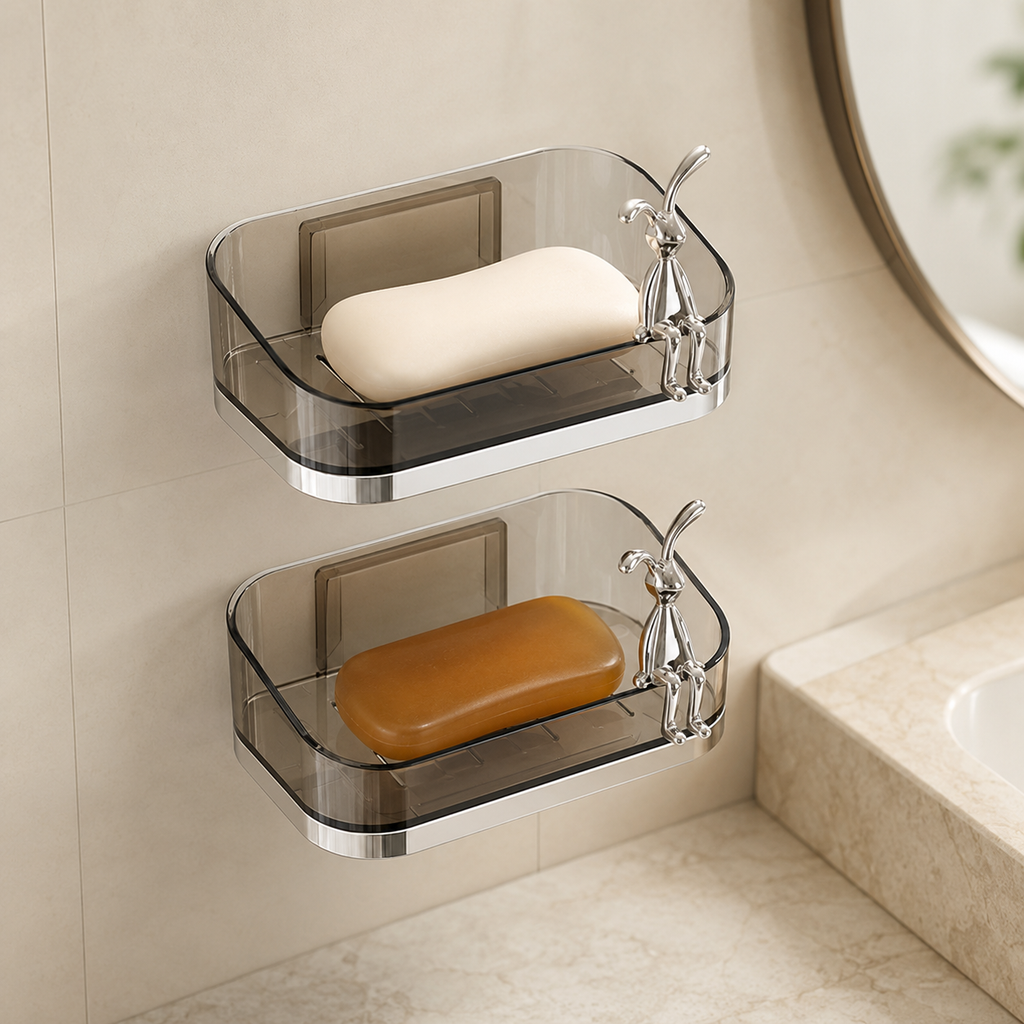 No-drill double draining soap rack on an ivory bathroom wall