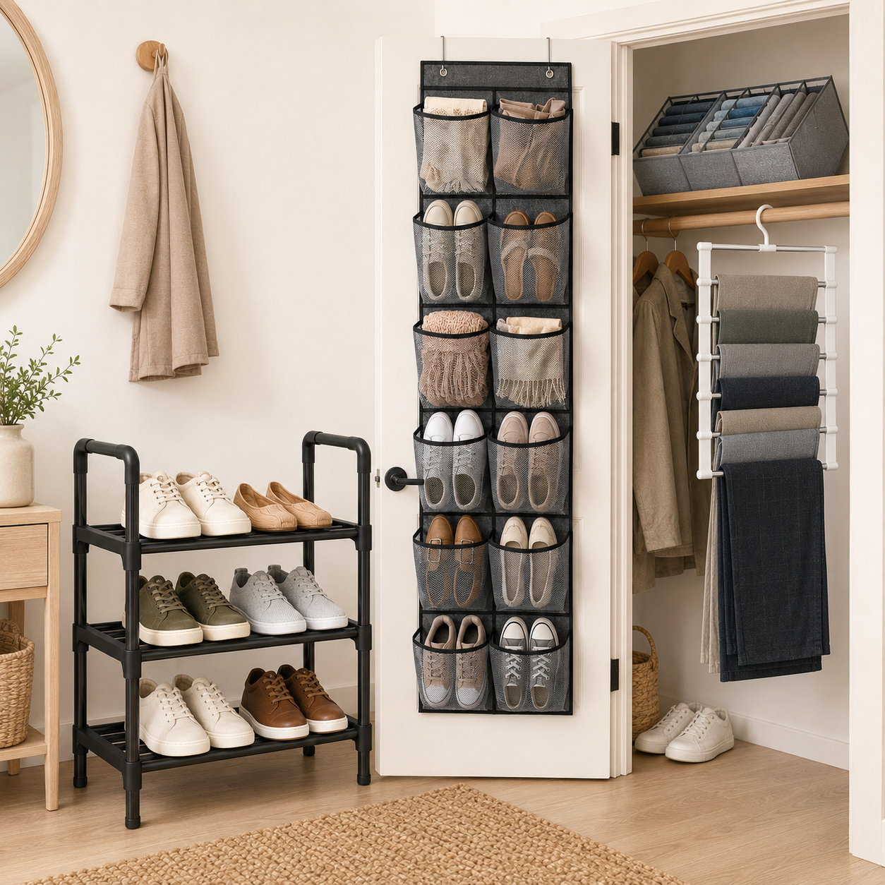 Earned Space Entryway and Closet Reset Bundle with shoe rack, door organizer, pants hanger, and free organizer