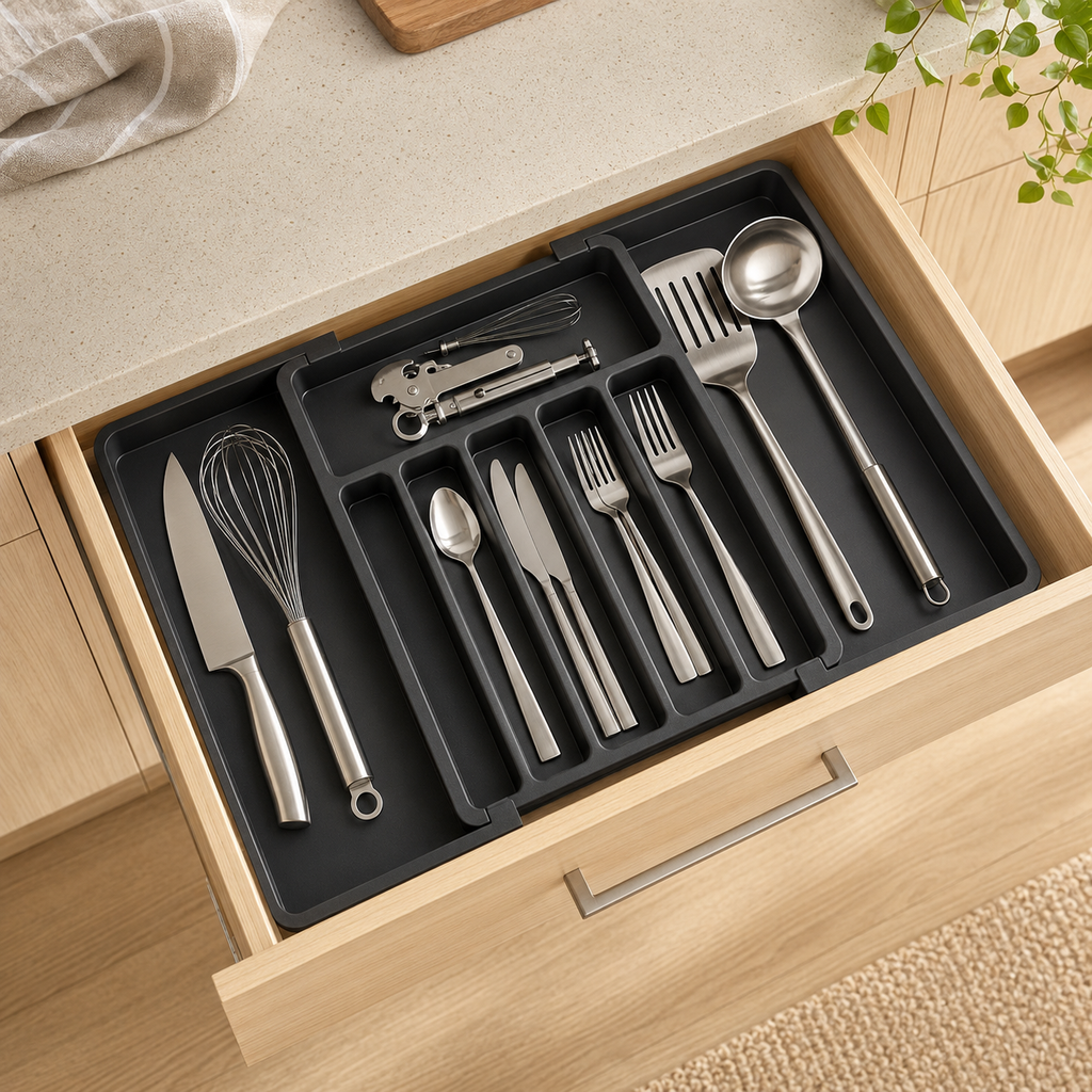 Expandable black cutlery organizer in a pale oak drawer