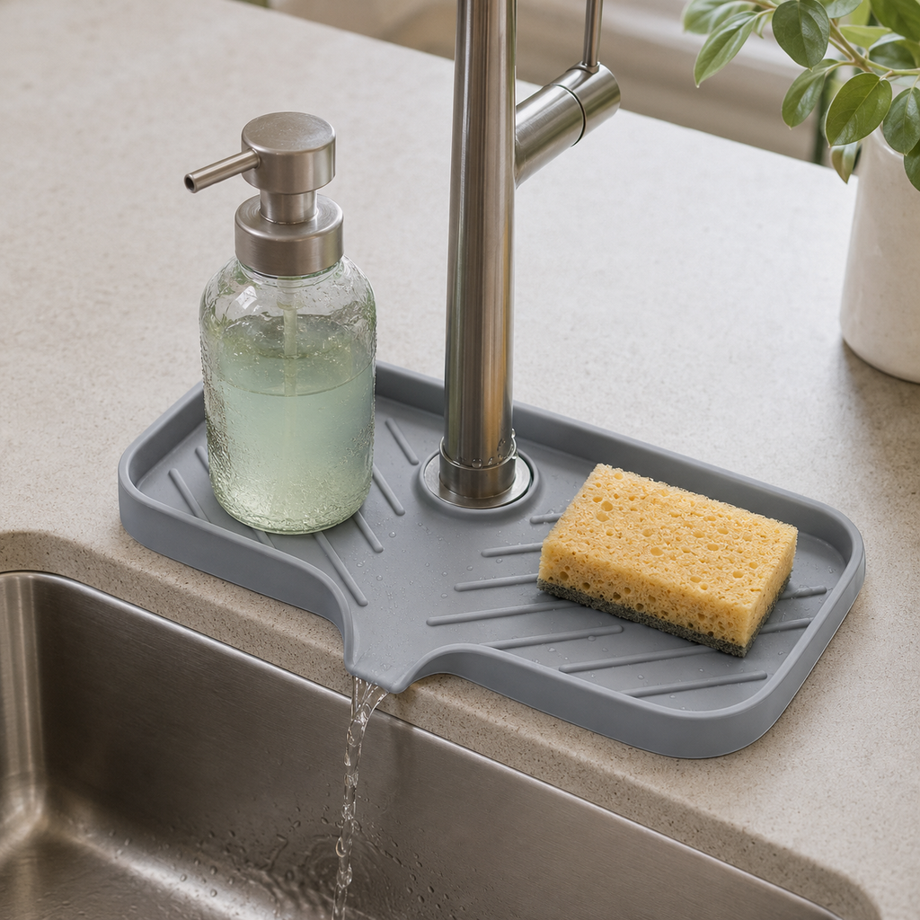 Gray silicone faucet splash mat draining into a sink