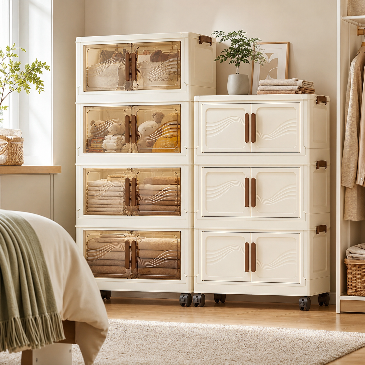 Foldable modular storage cabinet in a warm organized bedroom