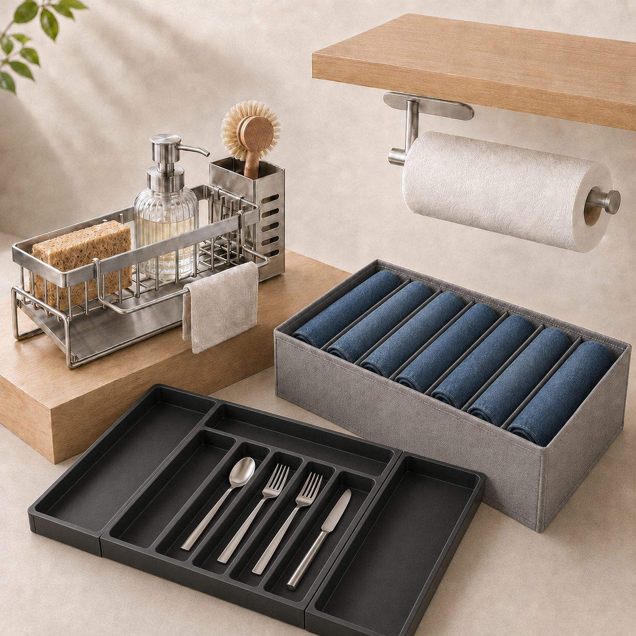 Kitchen Reset Bundle with sink caddy, under-cabinet paper towel holder, seven-compartment clothing organizer, and fully expanded drawer organizer