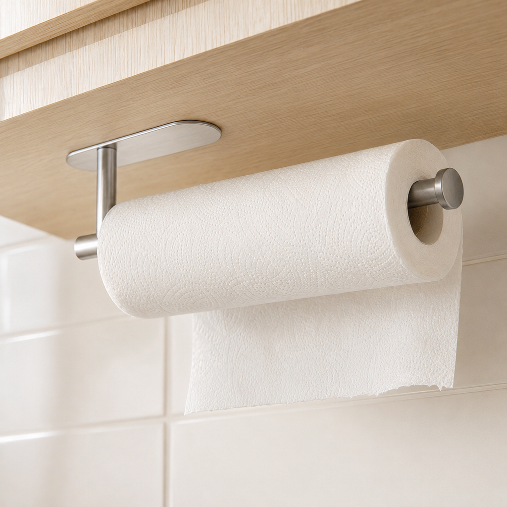 Adhesive stainless steel paper towel holder under a cabinet