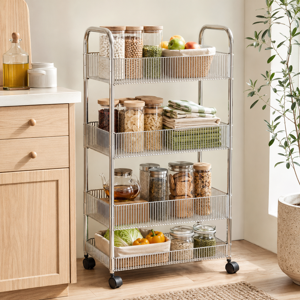Stainless steel rolling storage cart in a bright compact kitchen