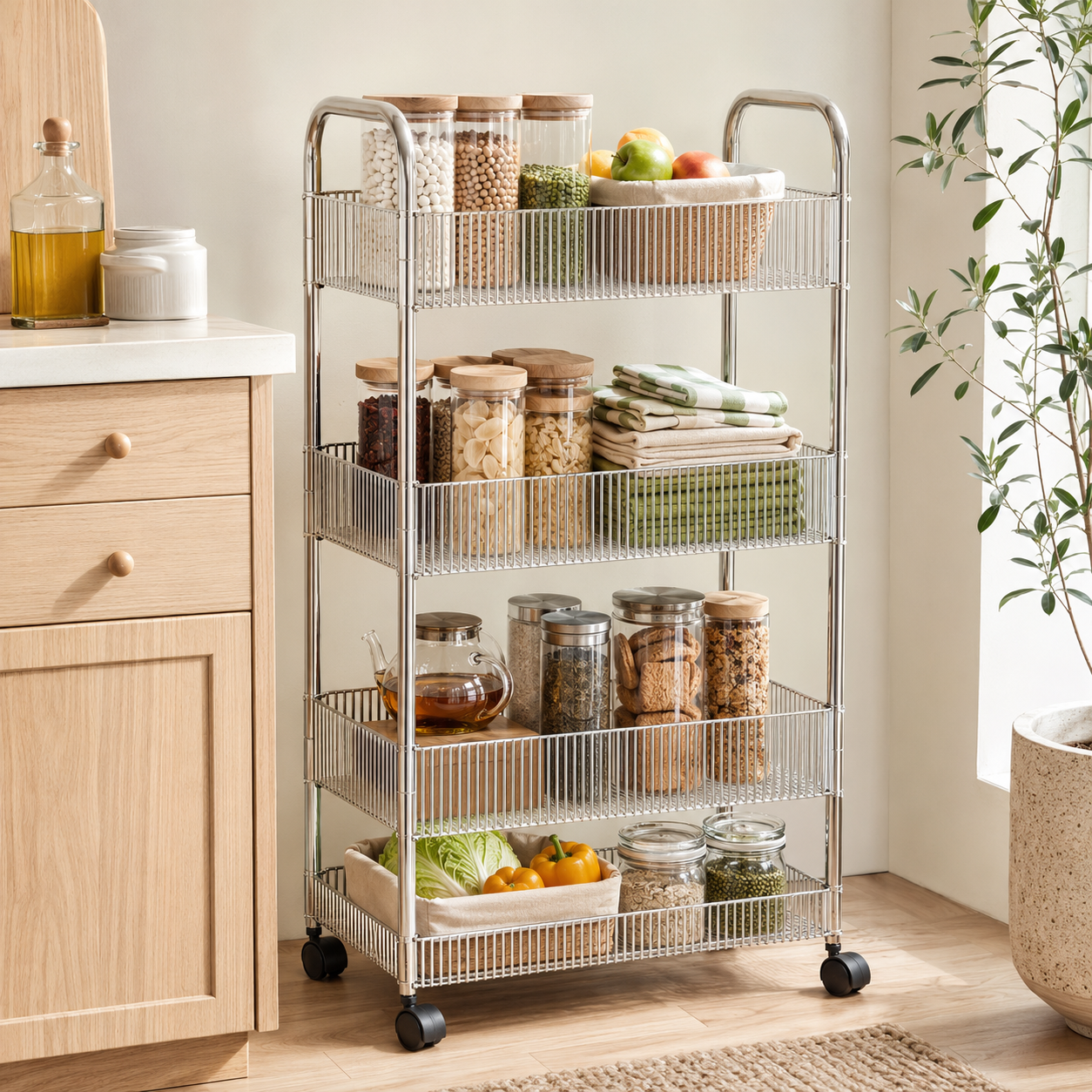 Stainless steel rolling storage cart in a bright compact kitchen
