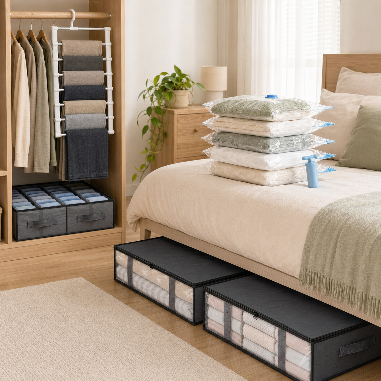 Earned Space Seasonal Storage Reset Bundle with under-bed bags, vacuum bags and pump, pants hanger, and clothing organizer