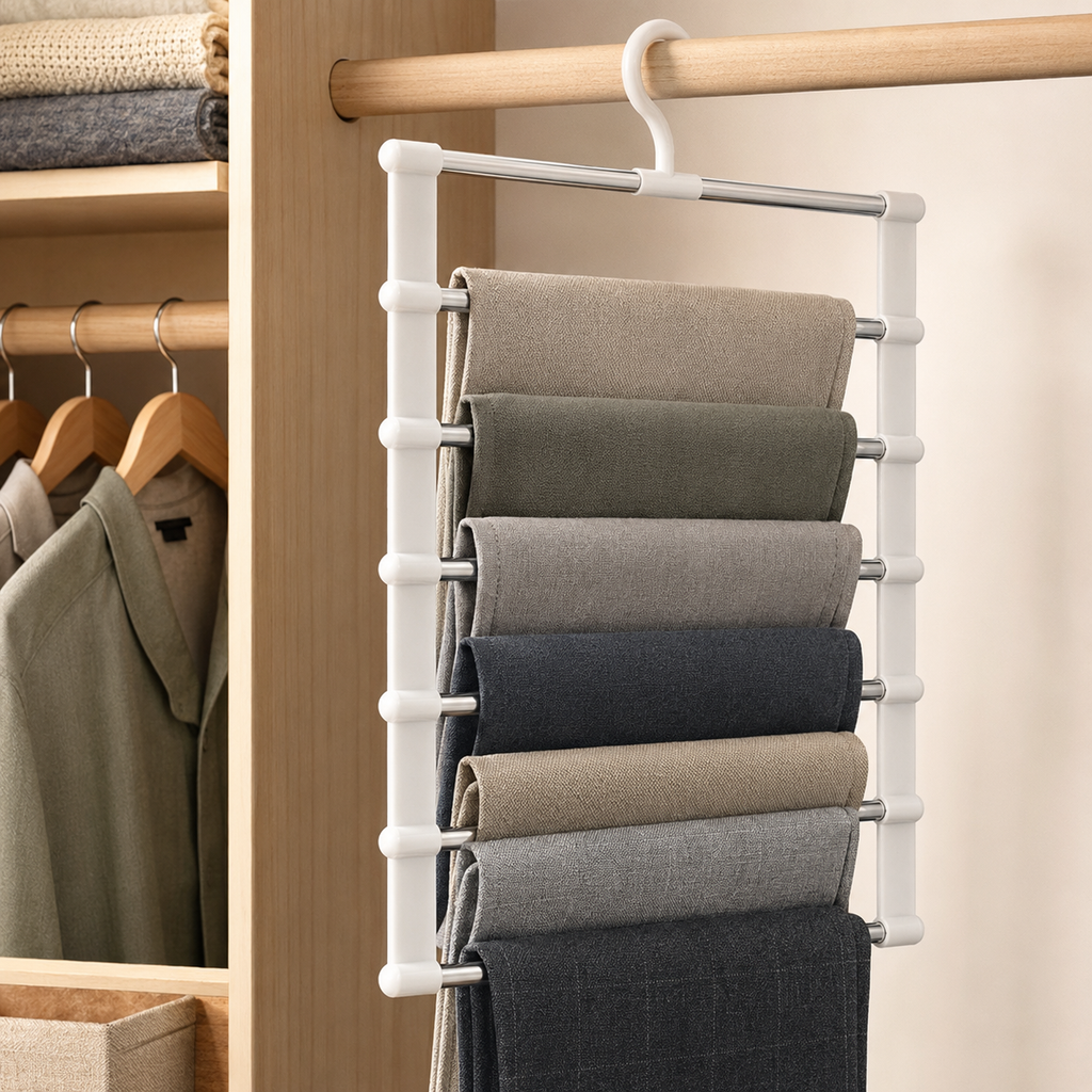 Seven-tier pants hanger included in the Entryway and Closet Reset Bundle