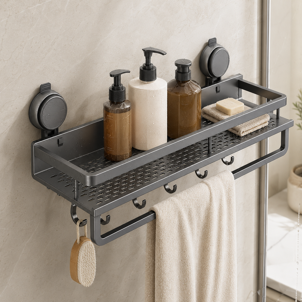 No-drill suction bathroom shelf with towel bar and hooks