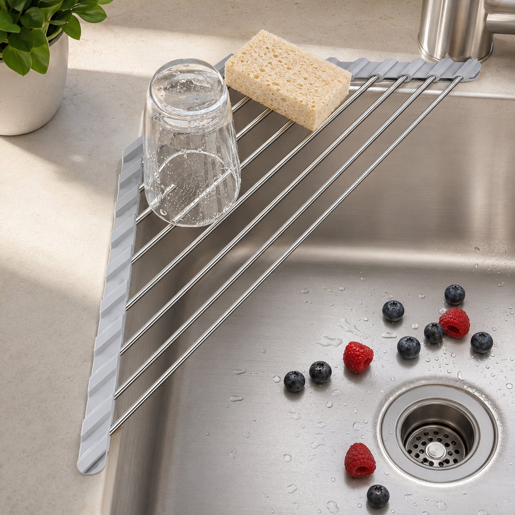 Triangular roll-up stainless steel corner sink rack