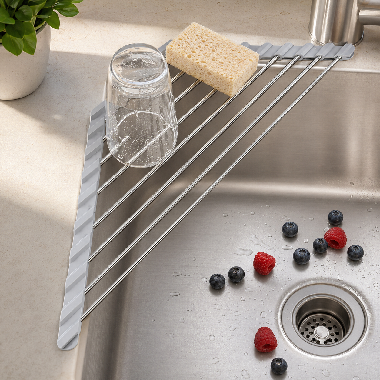 Triangular roll-up stainless steel corner sink rack