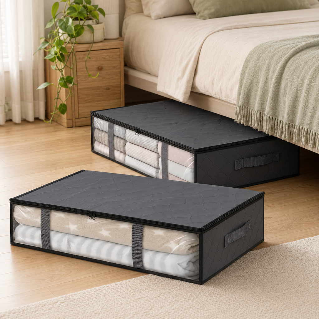Two black under-bed storage bags with clear windows