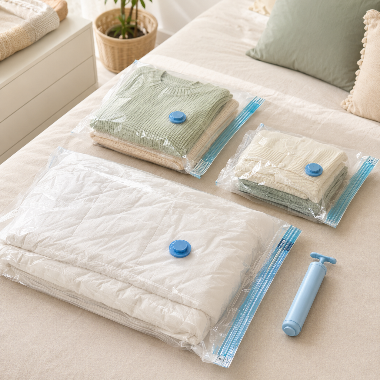 Clear vacuum storage bags with blue hand pump on a bed