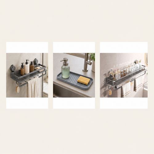 Bathroom Reset Bundle with no-drill shelf and sink-side drying tray; faucet mounted beside tray