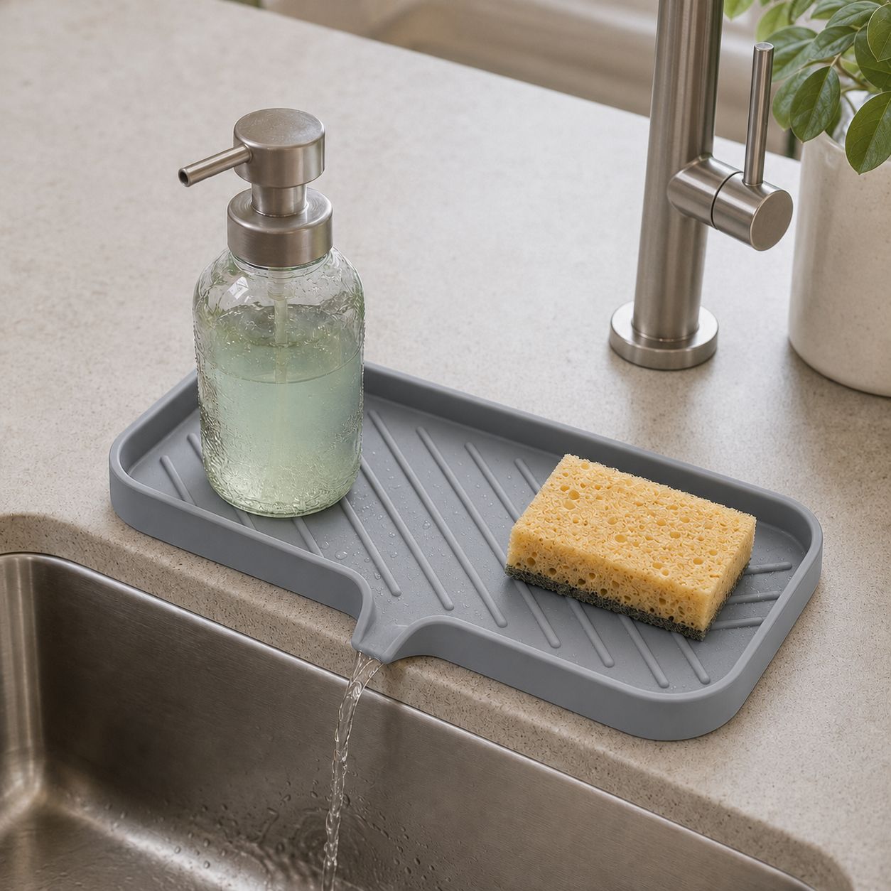 Gray silicone sink-side drying tray with drainage spout