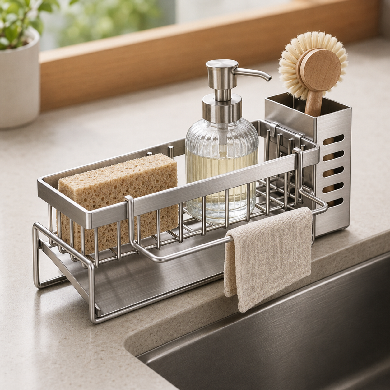 Stainless steel sink caddy with drain tray, brush holder, soap storage, and towel bar