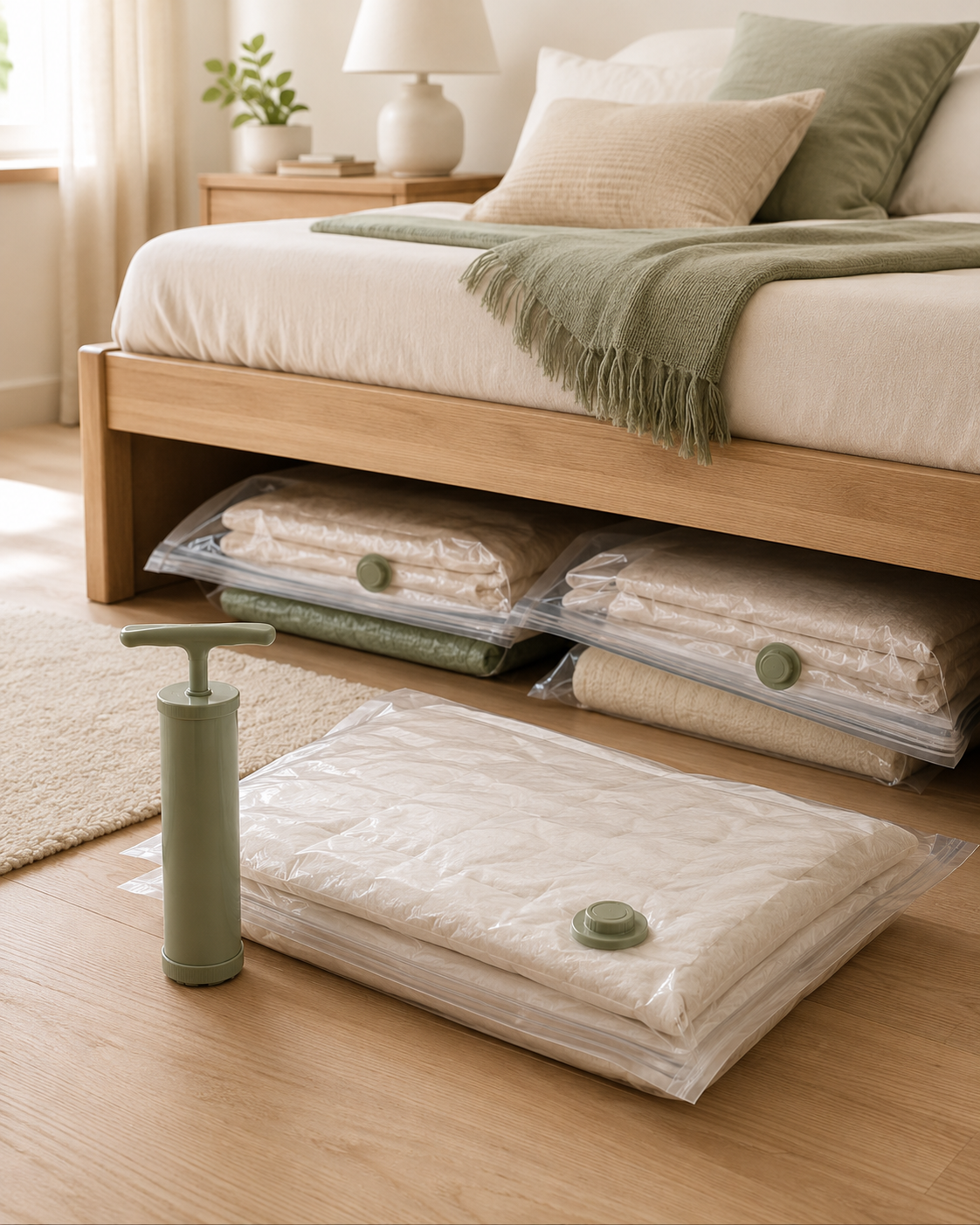 Vacuum storage bags organizing neutral bedding under a bed