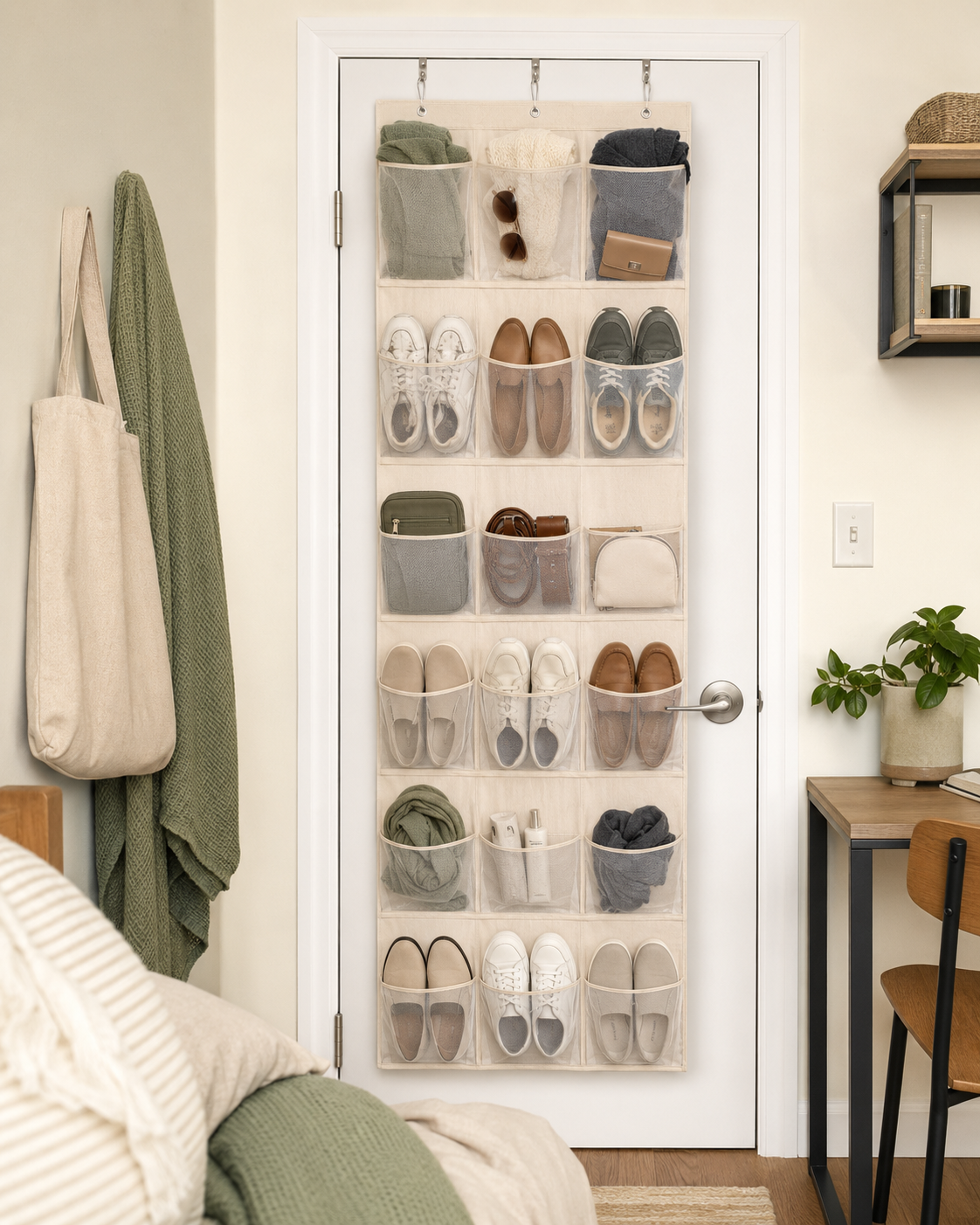 An over-door organizer holding shoes and accessories