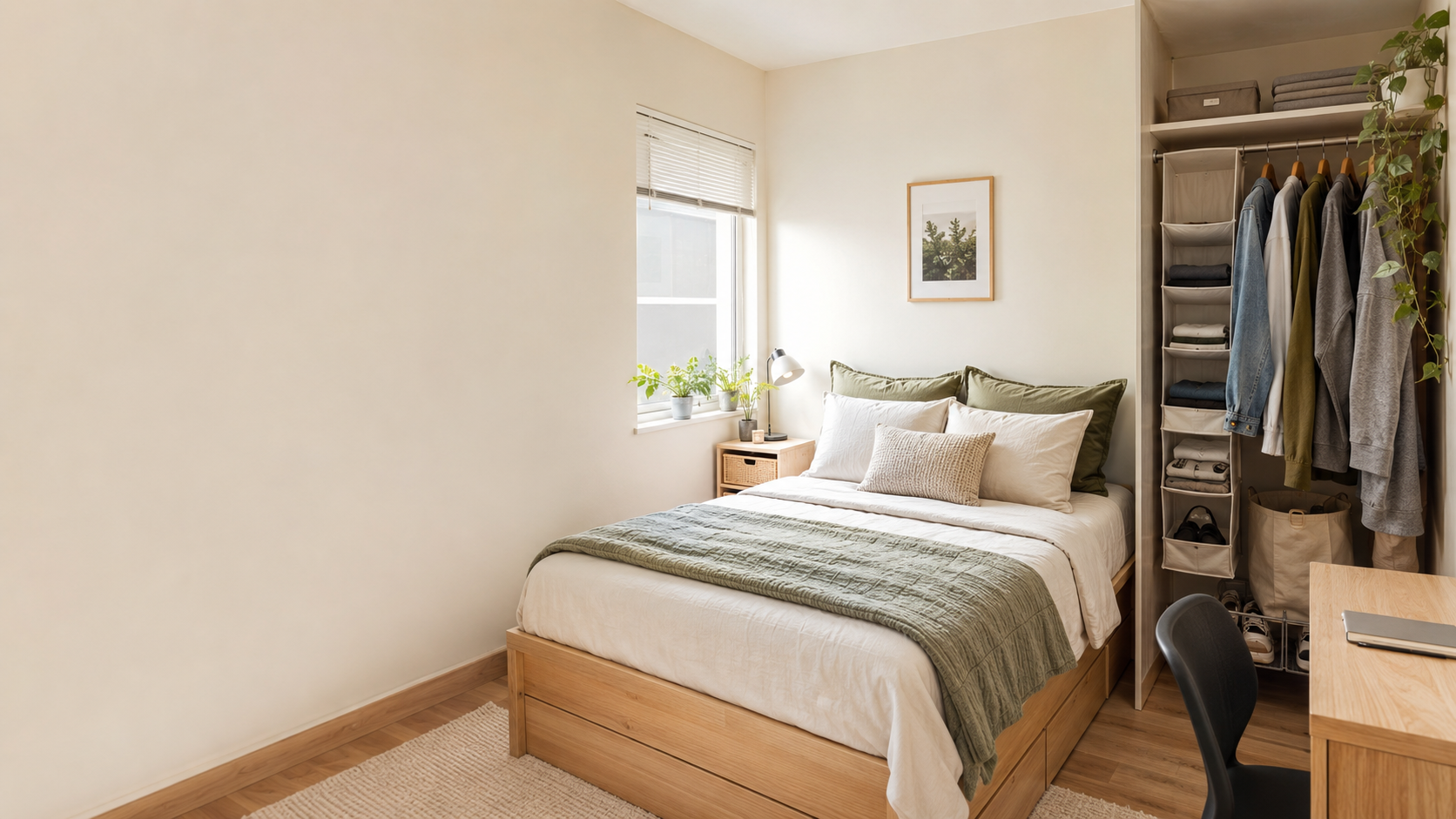 An organized small bedroom with warm ivory walls and sage accents