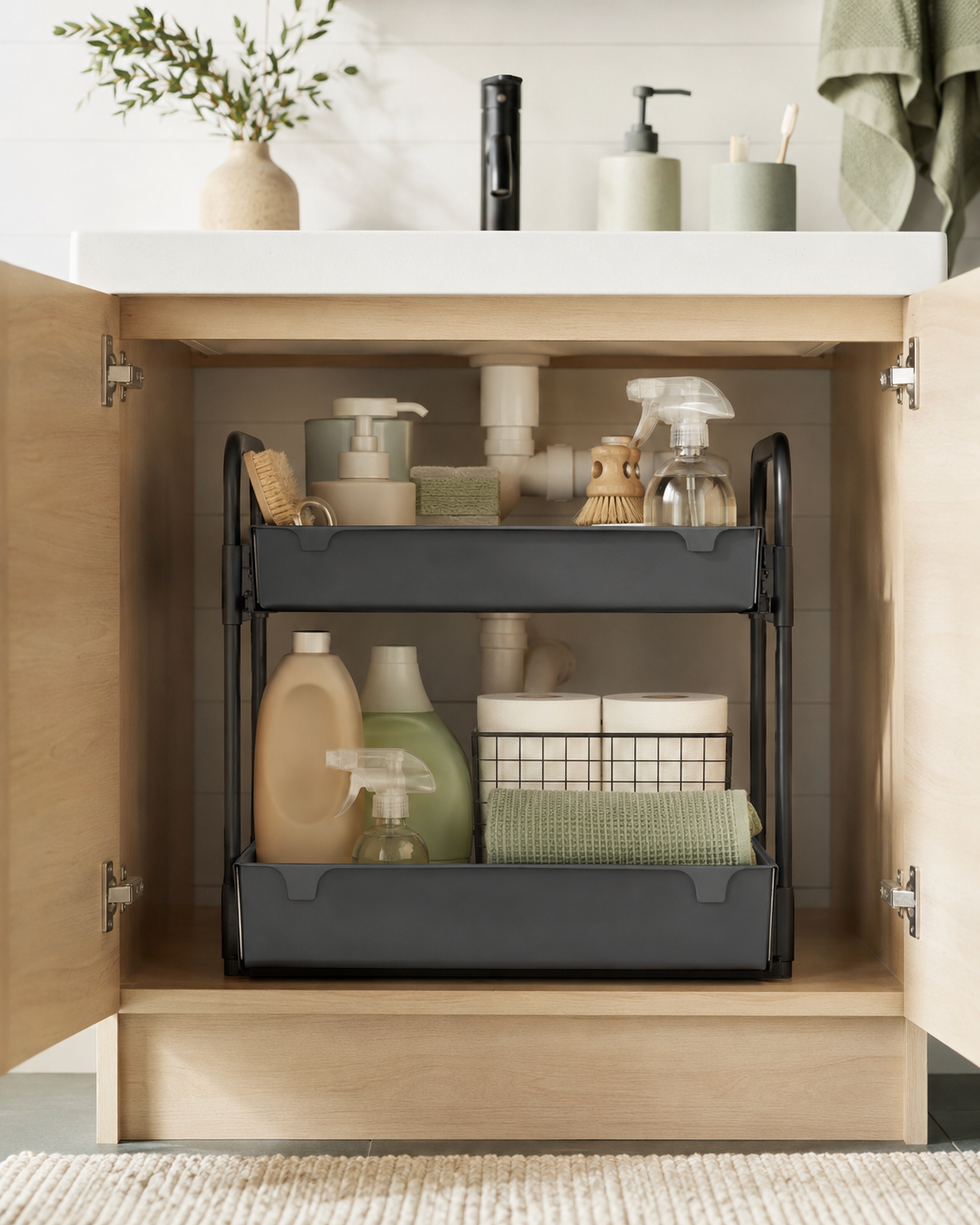 A two-tier organizer arranging supplies under a bathroom sink