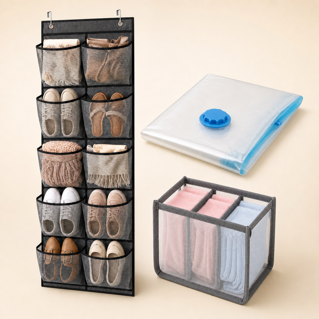 Small-Space Starter Bundle with black 12-pocket over-door organizer, one small vacuum bag, and gray 3-compartment clothing organizer