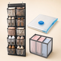 Small-Space Starter Bundle with black 12-pocket over-door organizer, one small vacuum bag, and gray 3-compartment clothing organizer